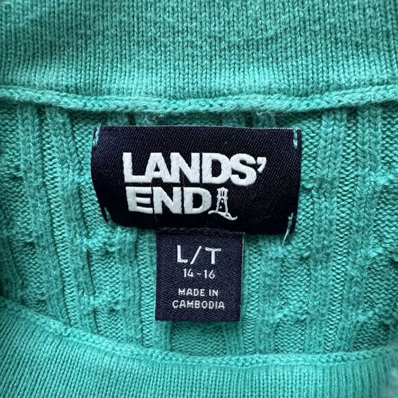 Lands' End Fisherman Cable Knit Sweater Womens Large Tall Green Cotton Mock Neck - Picture 3 of 8